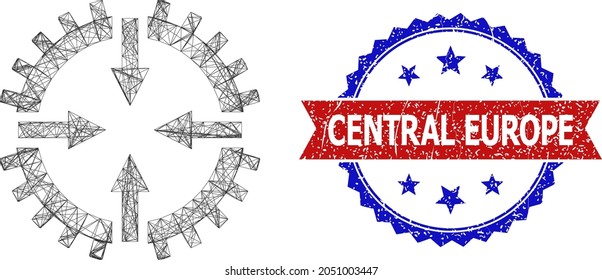 Crossing mesh gear center model icon, and bicolor grunge Central Europe seal stamp. Flat frame created from gear center pictogram and crossing lines. Vector watermark with grunge bicolored style,