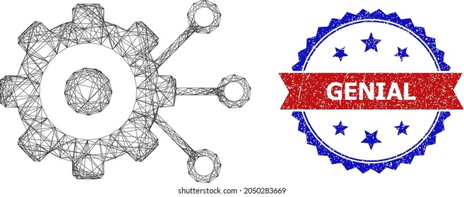 Crossing mesh gear connections frame icon, and bicolor textured Genial seal. Flat structure created from gear connections icon and crossing lines. Vector seal with scratched bicolored style,