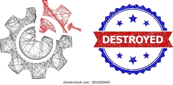 Crossing mesh gear damage wireframe illustration, and bicolor unclean Destroyed stamp. Flat carcass created from gear damage pictogram and crossing lines. Vector imprint with corroded bicolored style,