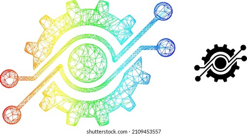 Crossing mesh gear electronic component framework icon with spectrum gradient. Bright frame mesh gear electronic component icon.