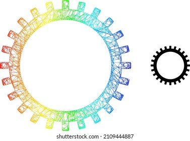 Crossing mesh gear frame illustration with spectrum gradient. Bright frame net gear icon. Flat structure created from gear icon and crossing lines.