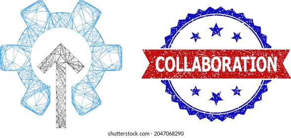 Icono del marco de cables de integración del engranaje de malla cruzada y sello de colaboración arañado con dos colores. Malla plana creada a partir del pictograma de integración de engranajes y líneas cruzadas.