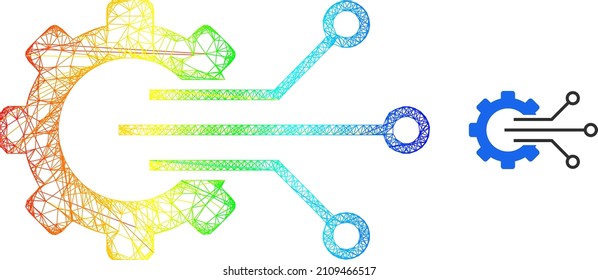 Crossing mesh gear sensor frame icon with rainbow gradient. Vibrant frame net gear sensor icon. Flat frame created from gear sensor icon and intersected lines.
