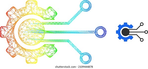 Crossing mesh gear solution framework icon with spectrum gradient. Vibrant carcass network gear solution icon. Flat framework created from gear solution icon and crossed lines.