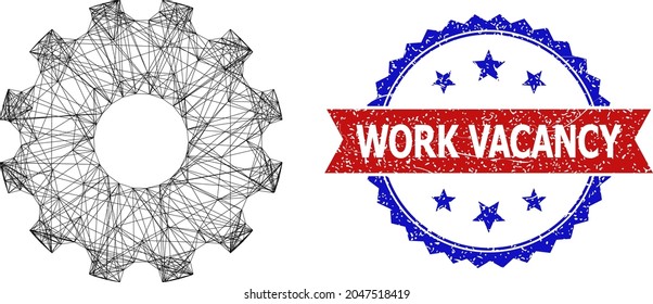 Icono de marco de la rueda de la malla cruzada y sello de Vacancia de trabajo con textura bicolor. Estructura plana creada a partir del icono de la rueda de la dirección y líneas interconectadas. Sello vectorial con un estilo bicolor corroído,