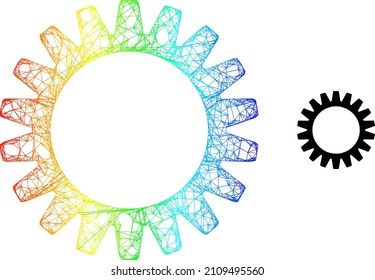 Crossing mesh gearwheel wireframe icon with spectral gradient. Bright carcass mesh gearwheel icon. Flat framework created from gearwheel icon and crossed lines.