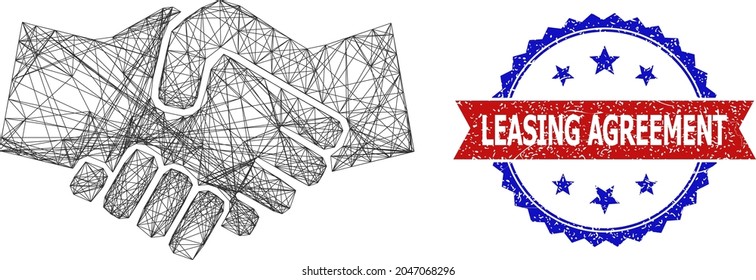 Crossing mesh handshake model illustration, and bicolor dirty Leasing Agreement seal stamp. Flat mesh created from handshake icon and crossing lines. Vector imprint with grunge bicolored style,
