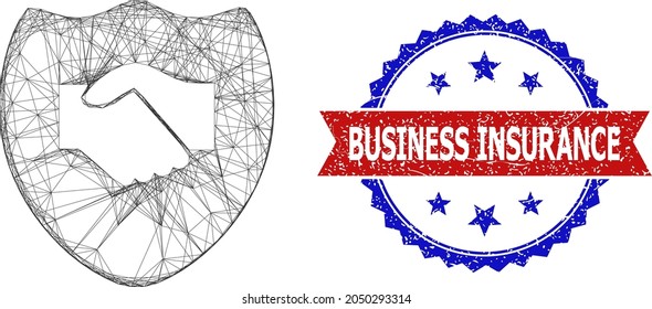 Crossing mesh handshake shield wireframe illustration, and bicolor rubber Business Insurance watermark. Flat mesh created from handshake shield pictogram and crossed lines.