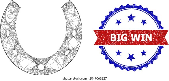 Crossing mesh horseshoe carcass icon, and bicolor rubber Big Win watermark. Flat mesh created from horseshoe icon and crossing lines. Vector seal with grunge bicolored style,