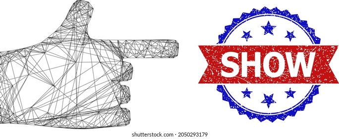 Crossing mesh index finger carcass icon, and bicolor rubber Show seal. Flat mesh created from index finger icon and crossed lines. Vector watermark with corroded bicolored style,
