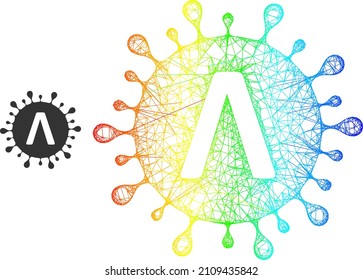 Crossing mesh Lambda coronavirus strain frame icon with rainbow gradient. Colorful frame network Lambda coronavirus strain icon.