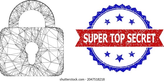 Crossing mesh lock frame icon, and bicolor dirty Super Top Secret watermark. Flat frame created from lock icon and crossing lines. Vector seal with unclean bicolored style,
