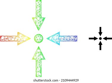 Crossing mesh meeting point framework icon with rainbow gradient. Vibrant carcass net meeting point icon. Flat mesh created from meeting point icon and crossing lines.