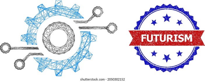 Crossing mesh nanobot circuit wheel frame illustration, and bicolor textured Futurism stamp. Flat mesh created from nanobot circuit wheel icon and crossing lines.