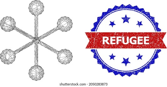 Crossing mesh net structure frame icon, and bicolor scratched Refugee watermark. Flat model created from net structure symbol and crossing lines. Vector watermark with retro bicolored style,