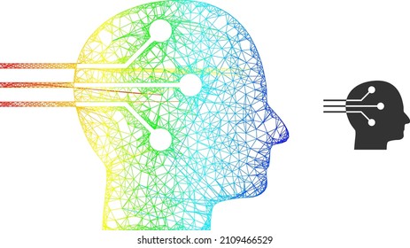 Crossing mesh neural interface carcass icon with rainbow gradient. Vibrant carcass mesh neural interface icon. Flat carcass created from neural interface pictogram and crossed lines.