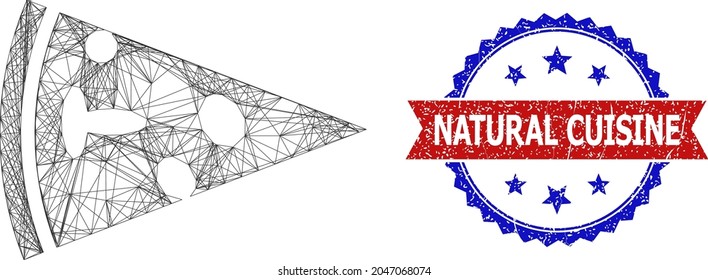 Crossing mesh pizza piece framework illustration, and bicolor textured Natural Cuisine watermark. Flat mesh created from pizza piece pictogram and intersected lines.