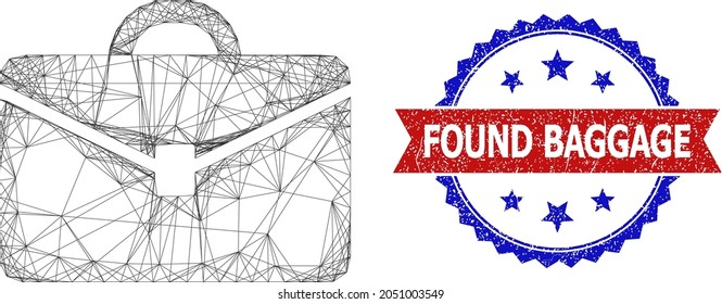 Crossing mesh portfolio framework icon, and bicolor dirty Found Baggage watermark. Flat frame created from portfolio symbol and crossing lines. Vector watermark with grunge bicolored style,