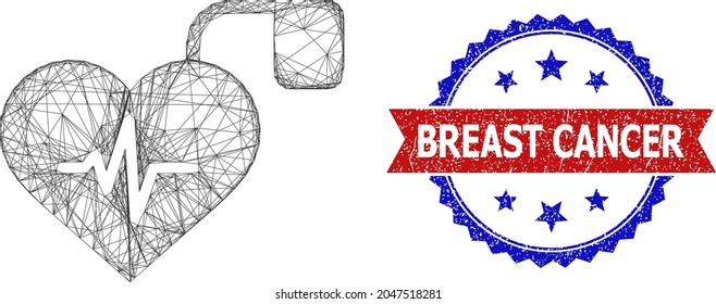 Crossing mesh pulse pacemaker frame illustration, and bicolor grunge Breast Cancer seal. Flat mesh created from pulse pacemaker pictogram and crossing lines.