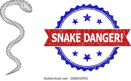 Crossing mesh snake framework icon, and bicolor dirty Snake Danger seal. Flat mesh created from snake icon and intersected lines. Vector seal with retro bicolored style,