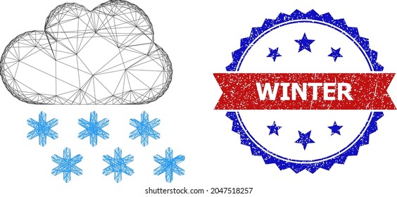 Crossing mesh snow cloud carcass icon, and bicolor unclean Winter watermark. Flat carcass created from snow cloud pictogram and crossing lines. Vector watermark with corroded bicolored style,