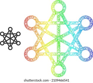 Crossing mesh star network carcass illustration with rainbow gradient. Bright carcass net star network icon. Flat carcass created from star network icon and crossing lines.