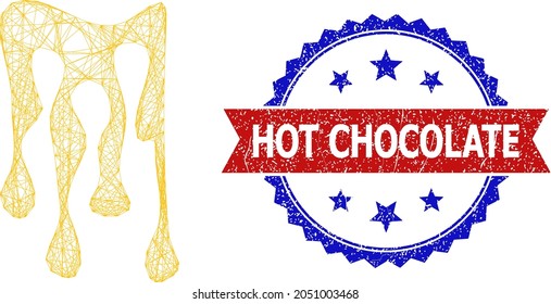 Crossing mesh sticky honey drops wireframe icon, and bicolor rubber Hot Chocolate stamp. Flat framework created from sticky honey drops icon and crossing lines.