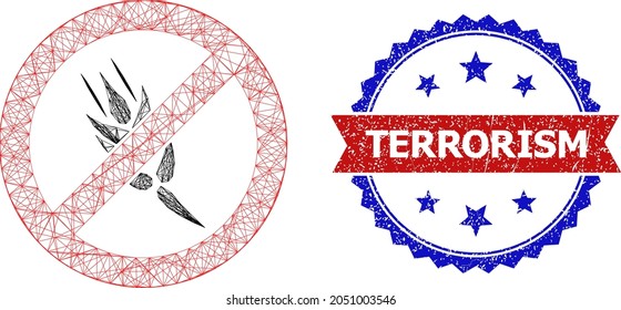 Crossing mesh stop cereal framework icon, and bicolor textured Terrorism seal. Flat frame created from stop cereal pictogram and crossing lines. Vector seal with distress bicolored style,