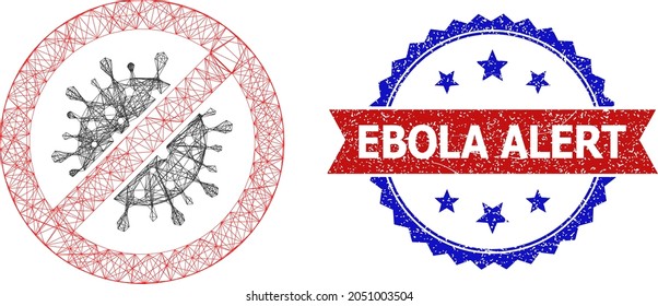 La malla cruzada detiene la ilustración del marco del coronavirus y el sello bicolor de alerta de ébola arañado. Marco plano creado a partir del icono de parada del coronavirus y líneas interseccionadas.