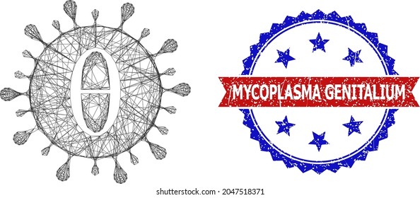 Crossing mesh Tetta covid virus carcass icon, and bicolor rubber Mycoplasma Genitalium seal. Flat framework created from Tetta covid virus icon and crossing lines.