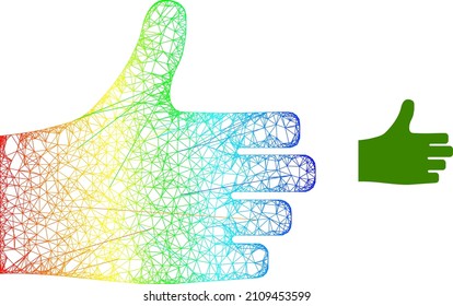 Crossing mesh thumb up frame icon with spectrum gradient. Colored frame mesh thumb up icon. Flat model created from thumb up icon and crossed lines.