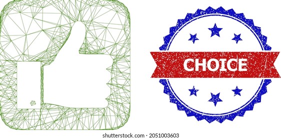 Crossing mesh thumb positive frame illustration, and bicolor dirty Choice watermark. Flat frame created from thumb positive icon and intersected lines. Vector watermark with retro bicolored style,