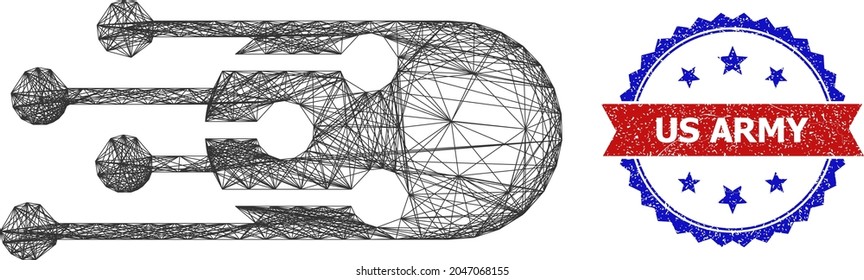 Crossing Mesh Transition Bullet Model Icon, And Bicolor Rubber Us Army Seal. Flat Mesh Created From Transition Bullet Symbol And Crossing Lines. Vector Seal With Distress Bicolored Style,