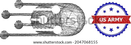 Crossing mesh transition bullet model icon, and bicolor rubber Us Army seal. Flat mesh created from transition bullet symbol and crossing lines. Vector seal with distress bicolored style,