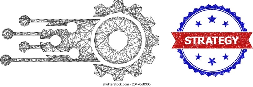 Crossing mesh transition gear frame illustration, and bicolor grunge Strategy seal. Flat framework created from transition gear pictogram and crossing lines. Vector seal with unclean bicolored style,