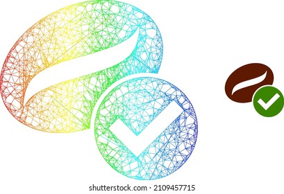Crossing mesh valid coffee framework illustration with rainbow gradient. Bright carcass mesh valid coffee icon. Flat carcass created from valid coffee icon and crossing lines.
