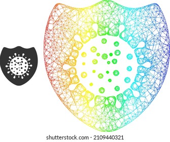 Icono de marco de protección de malla cruzada con gradiente de espectro. Icono de escudo de virus de malla de la canal brillante. Marco plano creado a partir del icono de protección de virus y líneas de cruce.
