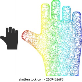 Crossing mesh voting hand frame illustration with spectrum gradient. Bright frame mesh voting hand icon. Flat frame created from voting hand symbol and crossing lines.