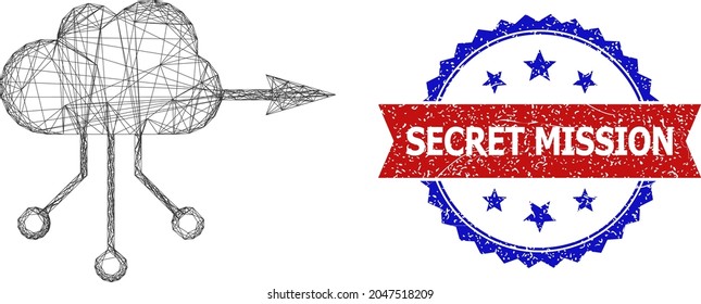 Crossing mesh VPN cloud framework illustration, and bicolor dirty Secret Mission watermark. Flat framework created from VPN cloud symbol and crossing lines. Vector seal with corroded bicolored style,