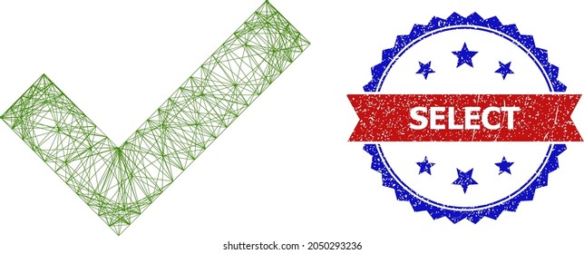 Crossing mesh yes tick carcass illustration, and bicolor scratched Select stamp. Flat mesh created from yes tick icon and crossed lines. Vector watermark with scratched bicolored style,