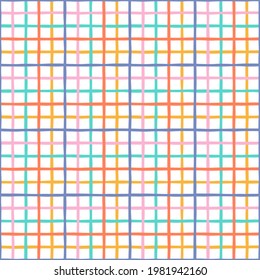 Crossing rainbow lines hand drawn vector seamless pattern. Checkered geometrical vibrant coloured texture. Colourful plaid background. Abstract backdrop wallpaper textile design