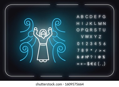 Crossing the Red sea Bible story neon light icon. Moses prophet. Parted water. Egyptians rescue. Biblical narrative. Glowing sign with alphabet, numbers and symbols. Vector isolated illustration