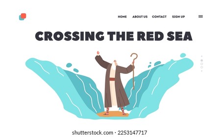 Crossing the Red Sea Biblical Story Landing Page Template. Religion Series of Moses Exodus Route. Moses Held Out His Staff And The Red Sea Was Parted By God. Cartoon Vector Illustration