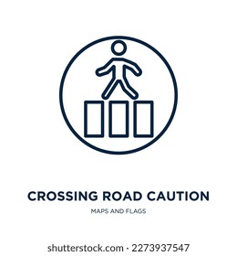 cruce el icono de advertencia de ruta de la colección de mapas y banderas. Delgado cruce lineal, precaución, carretera, icono del contorno de seguridad aislado en fondo blanco. Signo de advertencia de la ruta de paso del vector de línea, símbolo para