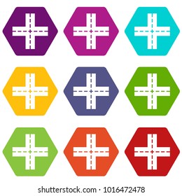 Crossing road icon set many color hexahedron isolated on white vector illustration