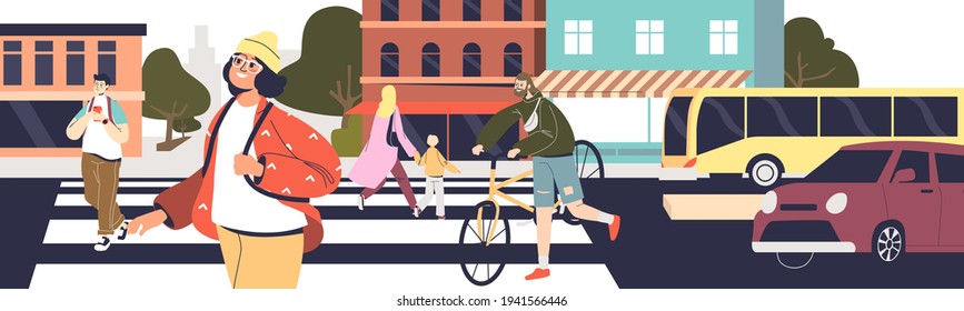 Crossing road on crosswalk scene of city life with group of people walking on zebra to other street side and cars waiting. Safe traffic on road concept. Flat vector illustration