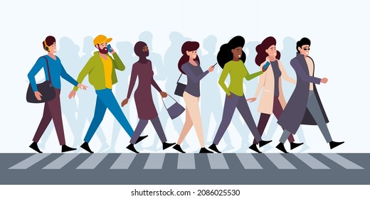 Crossing road people. Crowd walking in city urban persons male and female couples garish vector outdoor illustrations in cartoon style