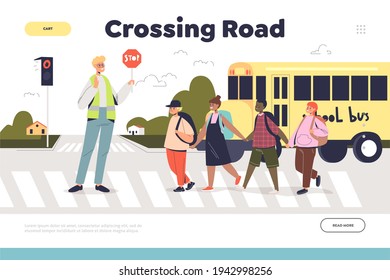 Crossing road safely concept of landing page with officer guiding group of kids on crosswalk. Worker regulating traffic for children on street zebra. Cartoon flat vector illustration