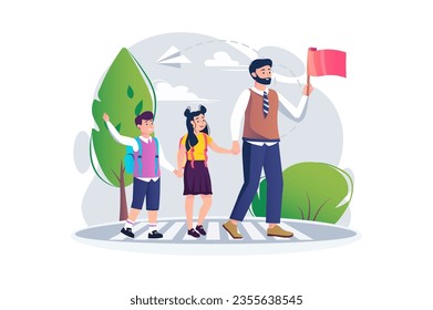 Crossing the road with a teacher concept with scene in the flat cartoon style. The teacher crosses the road with a students, and therefore holds a red flag in his hands. Vector illustration.