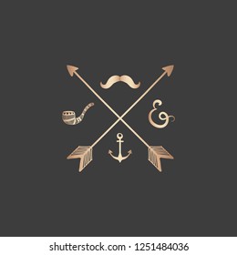 Crossing rose gold arrows with mustache and pipe badge vector